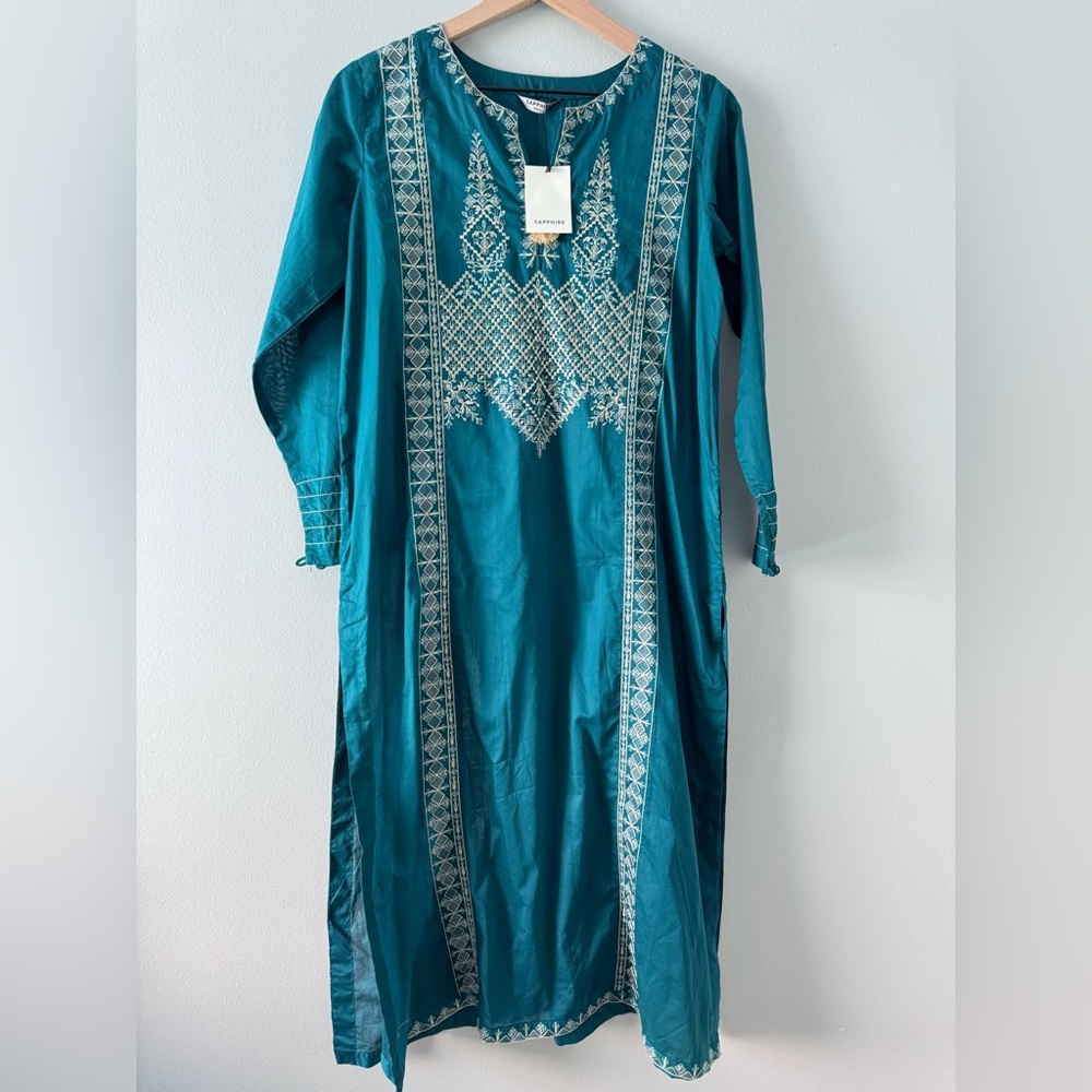 Teal Embroidered Long Kurta